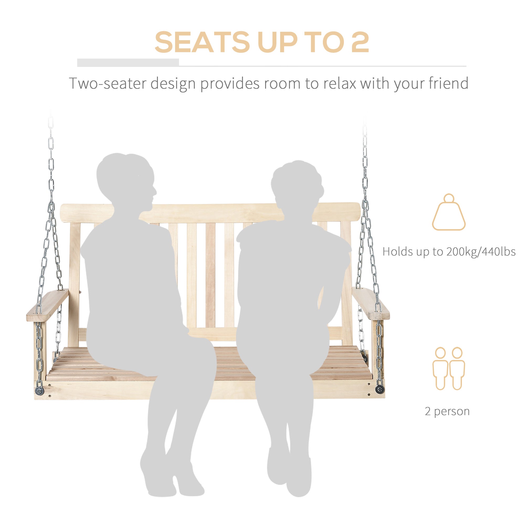 Outsunny 2-Seater Patio Swing Chair: Slatted Fir Wood Design with Hanging Chains, Natural Finish 