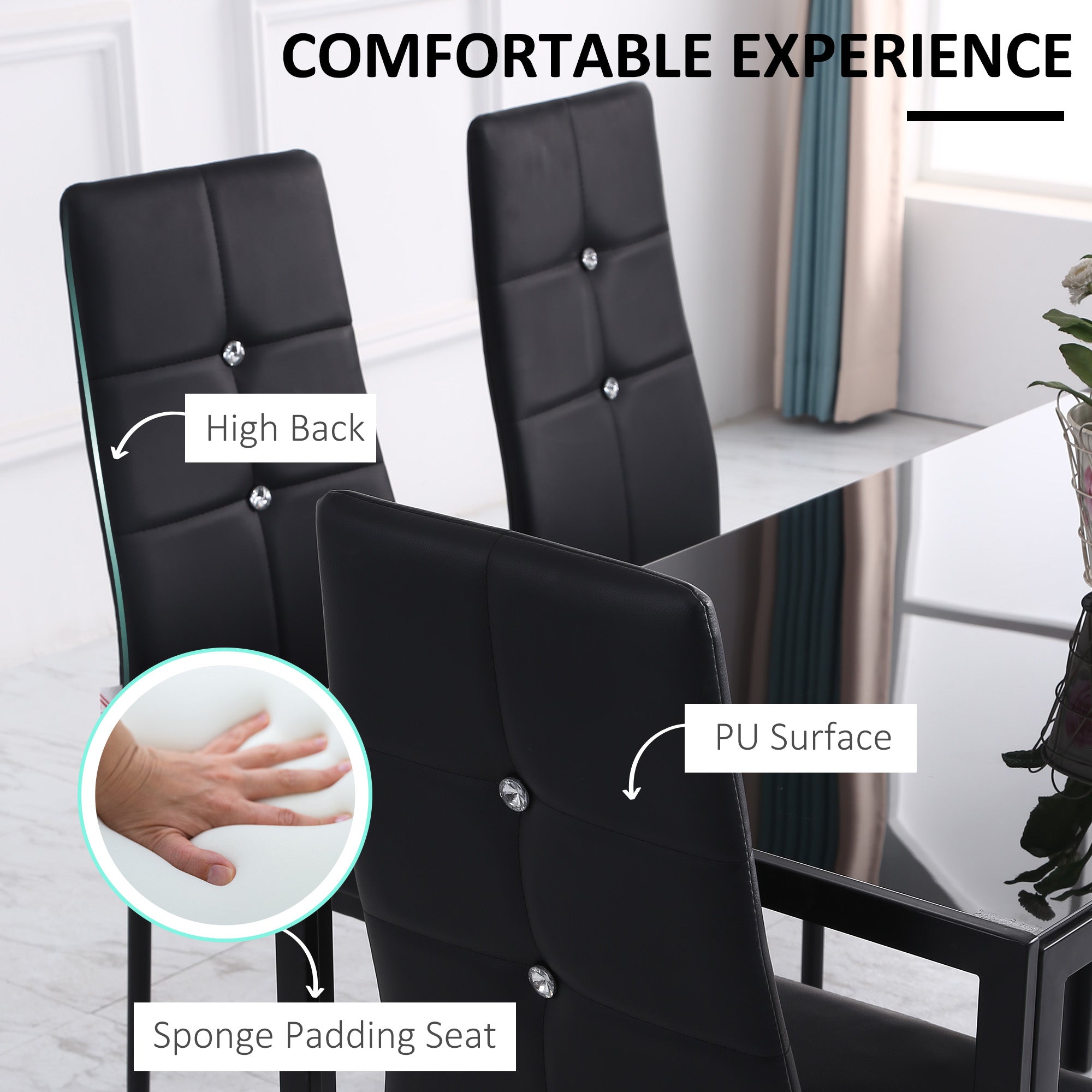 HOMCOM Set of 4 Modern Dining Chairs Black Faux Leather Upholstered with Button Tufted Back Metal Legs 