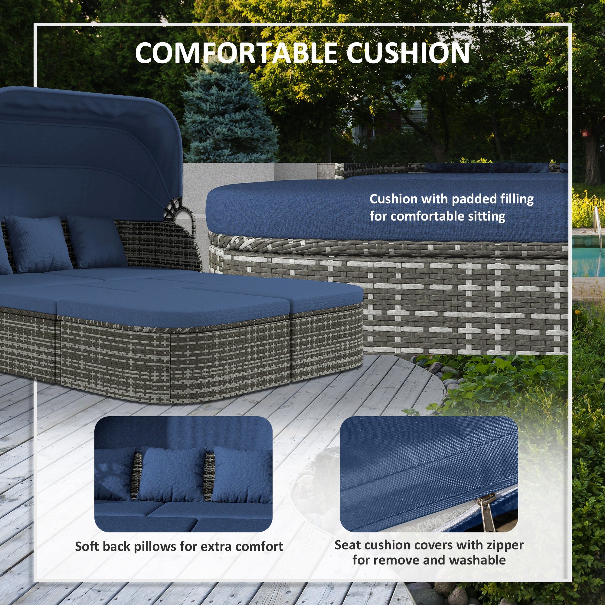 Outsunny 6-Piece Patio Set, PE Rattan Outdoor Daybed with Canopy and Lift up Coffee Table, Conversation Sofa Sets w/ Footstools 