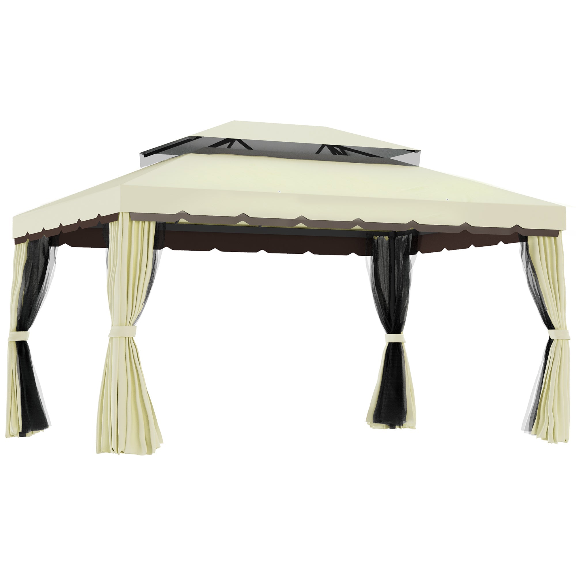 Outsunny 10'x13' Soft-top Aluminum Gazebo Desk Canopy Double Tier Garden Shelter with Netting and Curtains, Beige 