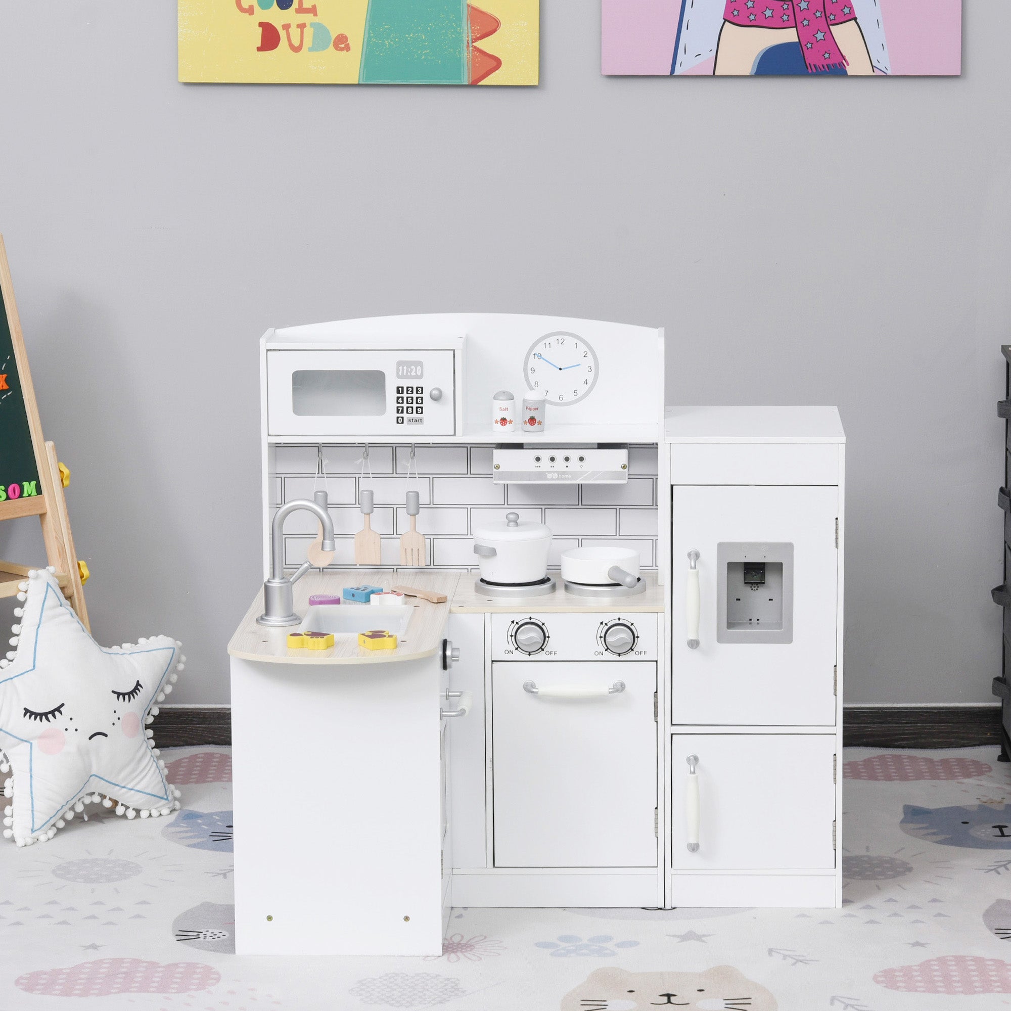 Qaba Play Kitchen Set for Kids - White Cooking Toy with Drinking Fountain, Microwave, Fridge & Accessories 