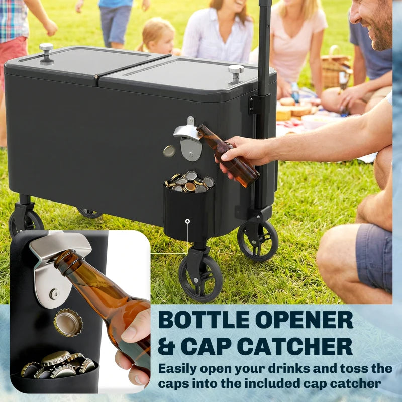 60-Qt Outdoor Patio Cooler Cart, Rolling Ice Chest with Adjustable Handle, Wheels, Bottle Opener, Drainage, Black