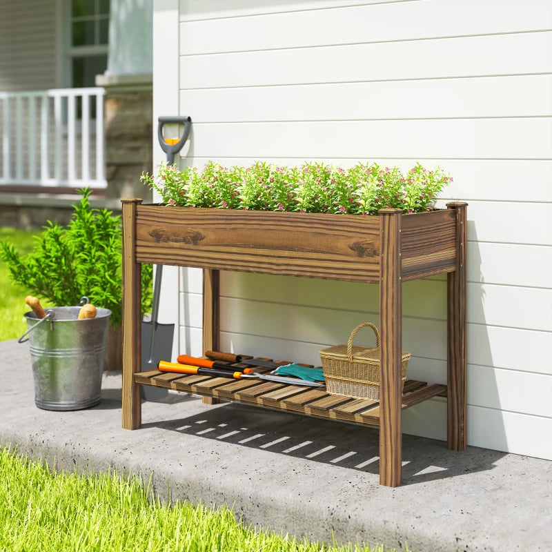 Elevated Planter Box w/ Legs and Storage Shelf, Raised Garden Bed, Elevated Wooden Planter Box, Carbonized