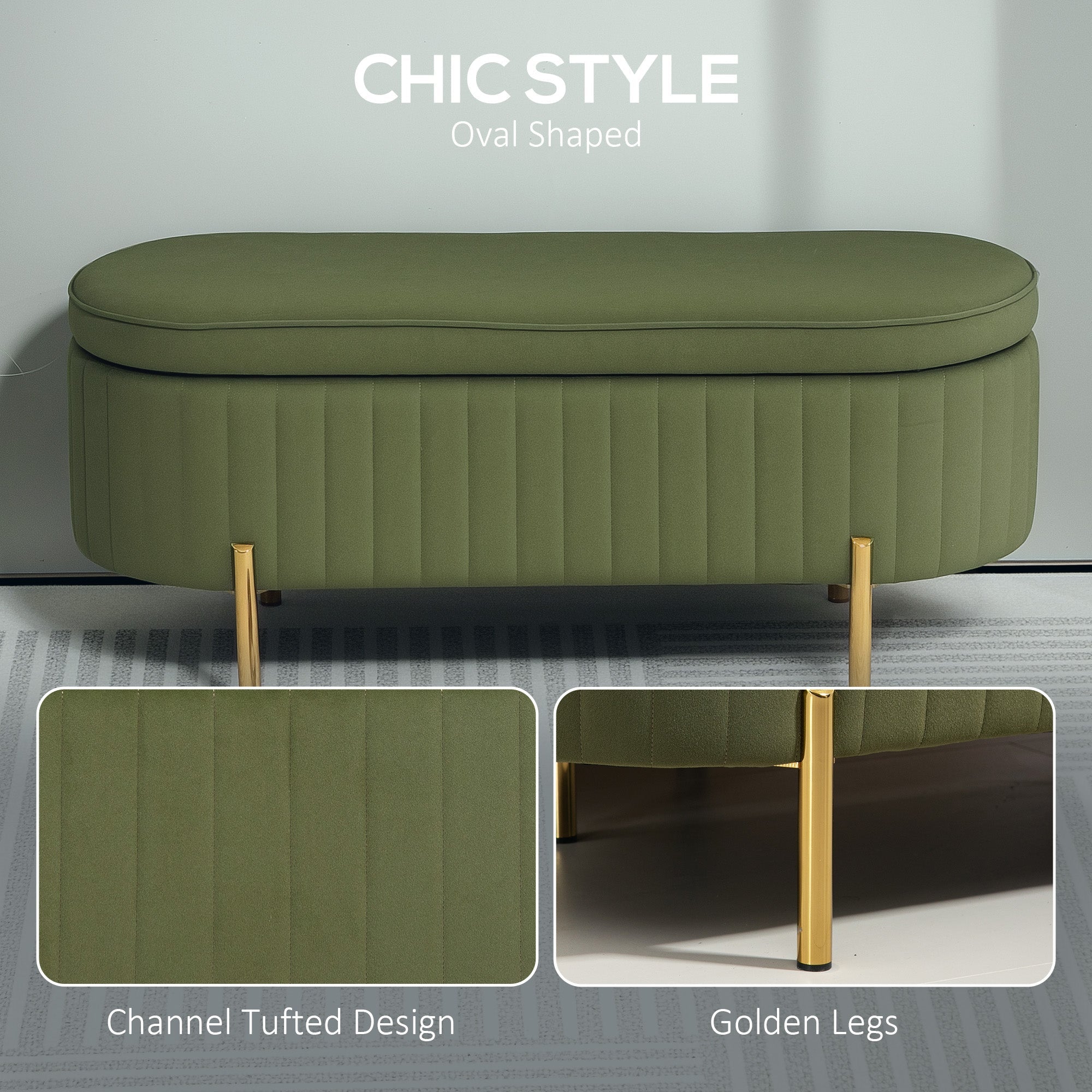 HOMCOM Upholstered Bedroom Bench, Channel Tufted Ottoman Bench with Thick Padding and Metal Legs, Dark Green 