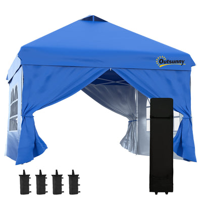 Outsunny 10' x 10' Pop Up Canopy Tent, Instant Shelter Tent with Sidewalls, Windows, Roller Bag and Sand Bags for Garden, Patio, Blue 