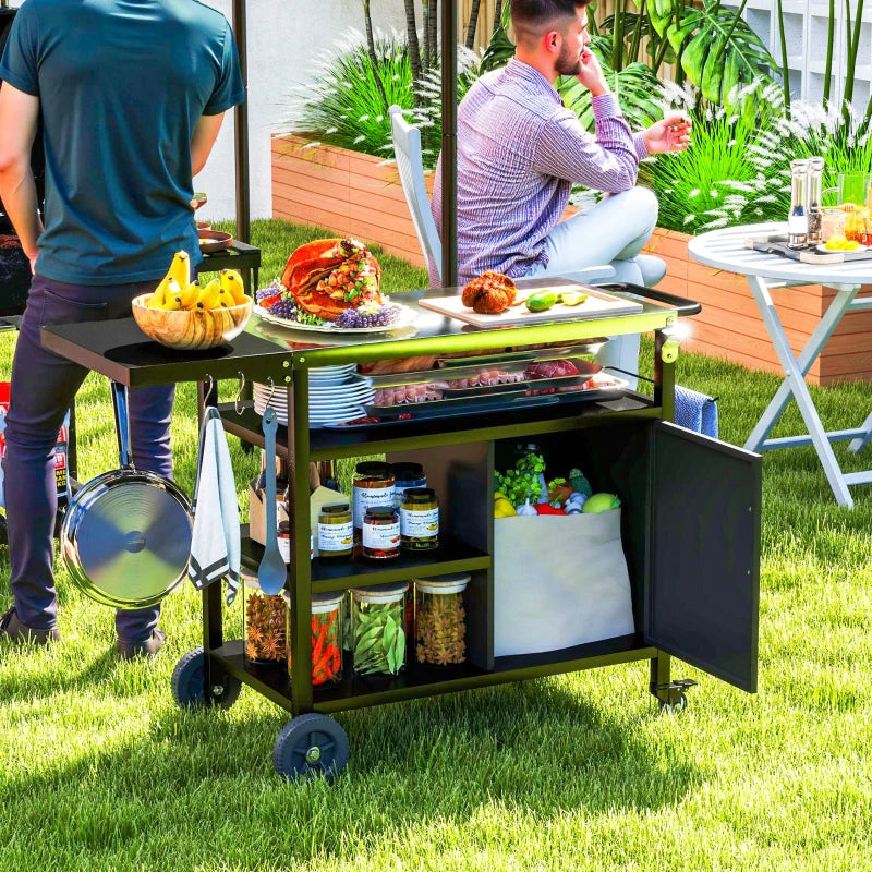 Outdoor BBQ Stand with Foldable Side Table, Stainless Steel Top, Pizza Oven Table with Wheels Hooks Shelves