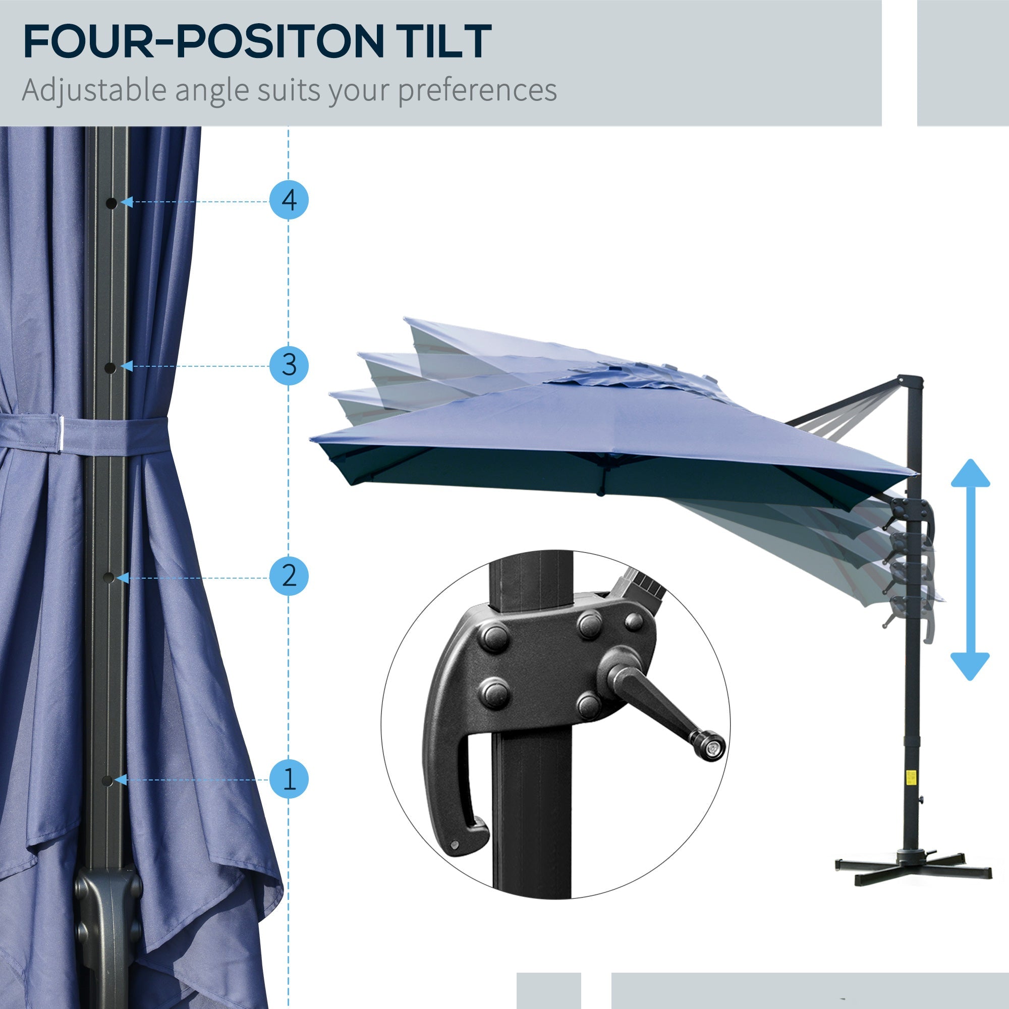 Outsunny 10x10ft Square Cantilever Umbrella with Rotatable Top 4 Adjustable Angles for Patio Backyard Outdoor Area Blue 