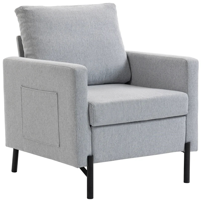 Accent Chair Modern Upholstered Armchair with Side Pockets and Cushion for Bedroom, Living Room, Light Grey