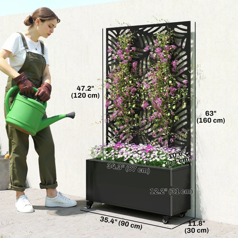 Metal Planter Box with Trellis, Raised Garden Bed with Monstera Leaf Cut-Out Privacy Screen and Wheels
