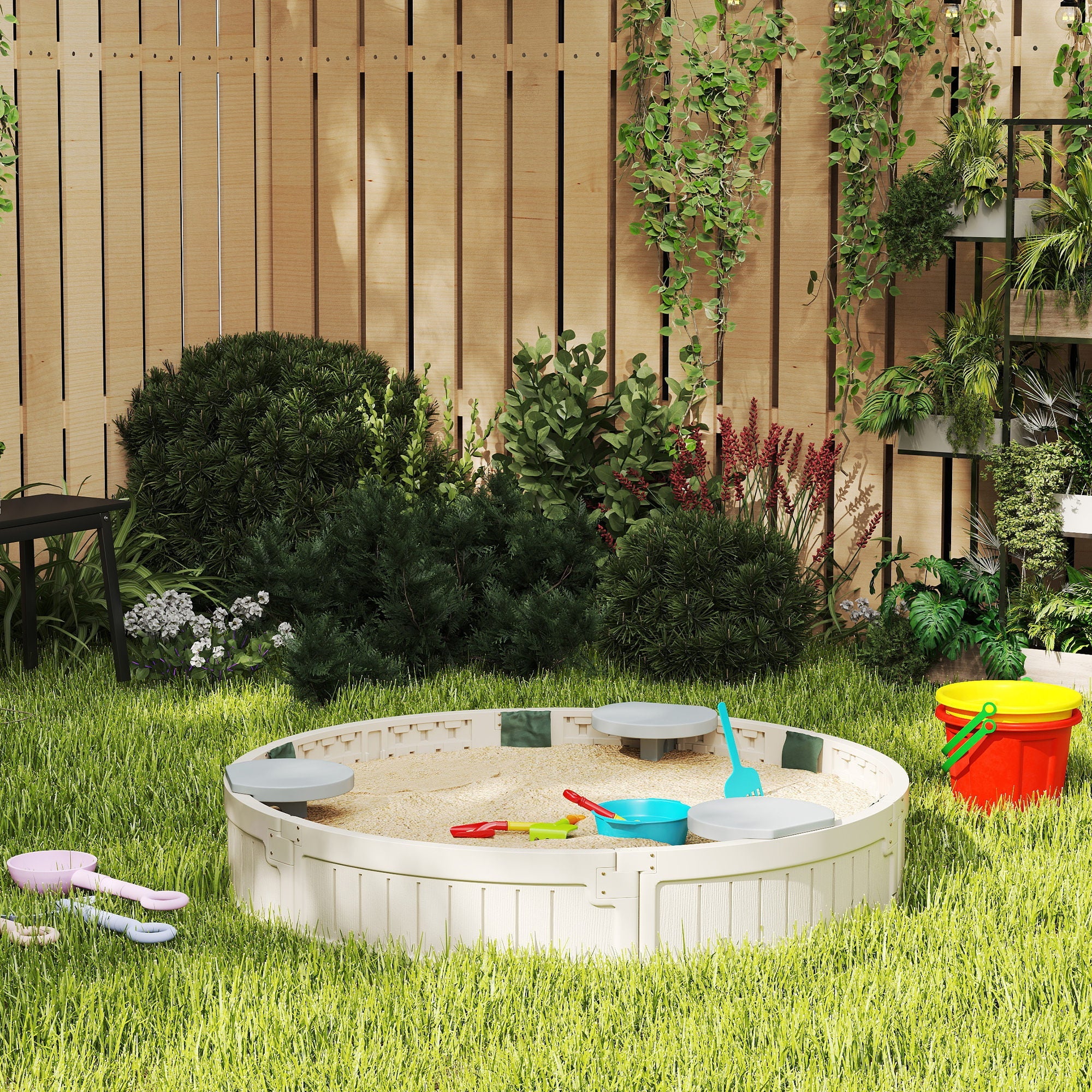 Outsunny Kids Outdoor Sandbox with Cover Waterproof Oxford Canopy, Bottom Fabric Liner for 3-12 years old, Backyard, Cream White 