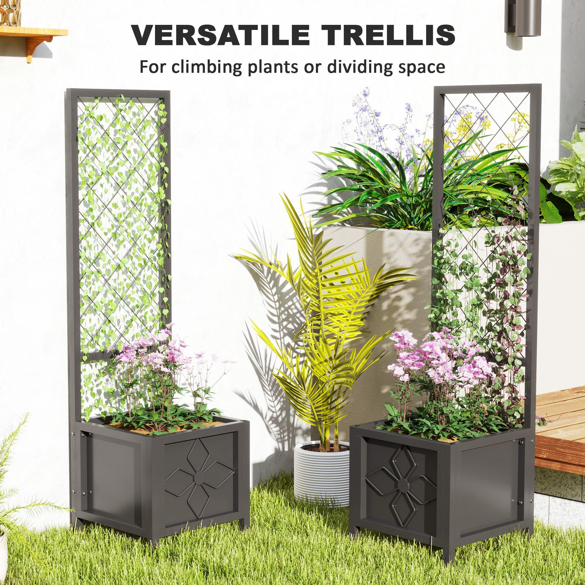 Outsunny Galvanized Raised Garden Bed with Trellis, Metal Planter Box with Drainage Holes for Climbing Plants, Vegetable, Vines 