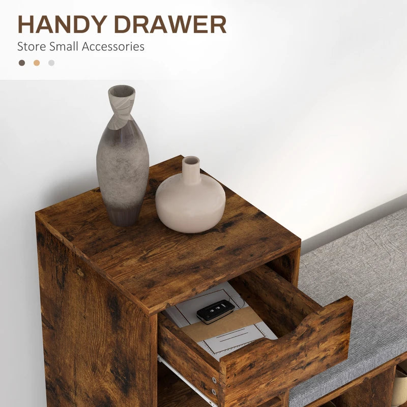 Upholstered Shoe Storage Bench w/ Seat, Entrance Bench w/ Drawer and 6 Open Shelves for Hallway, Rustic Brown