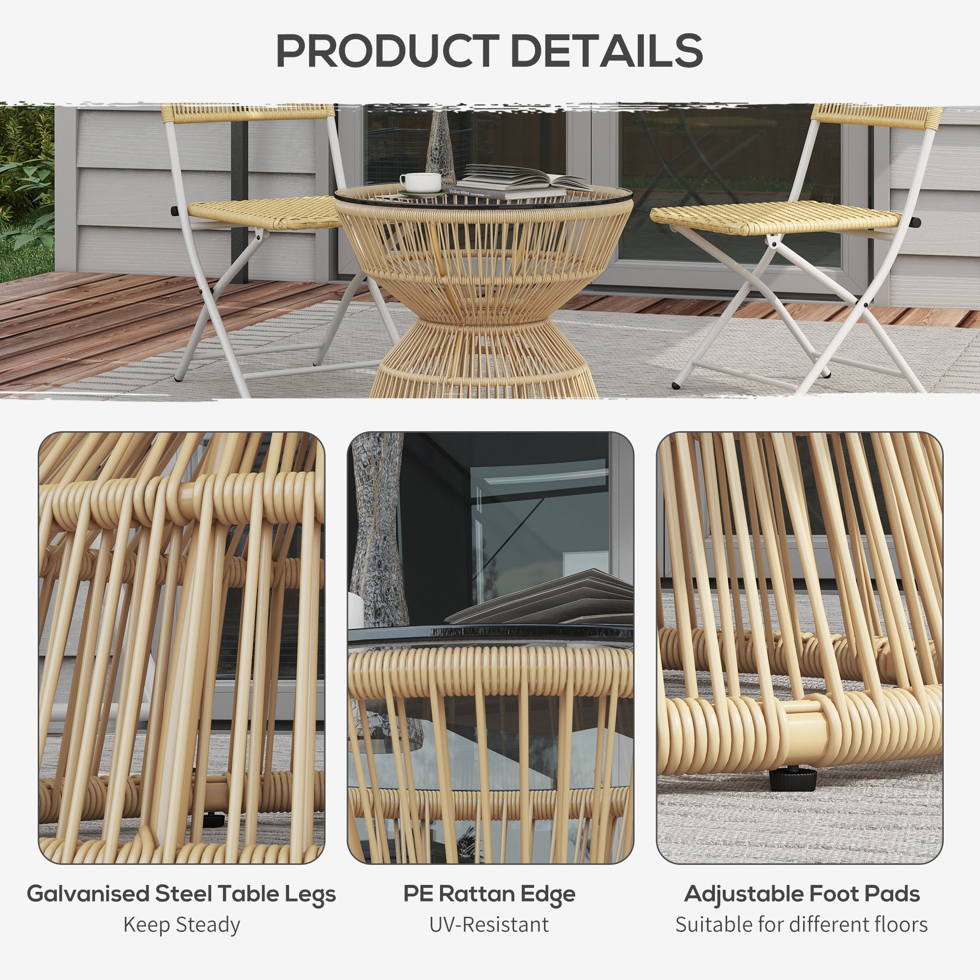 Outsunny Rattan Outdoor Coffee Table, Patio End Table with Tempered Glass Tabletop & Steel Frame, Wicker Furniture, Nature Wood 