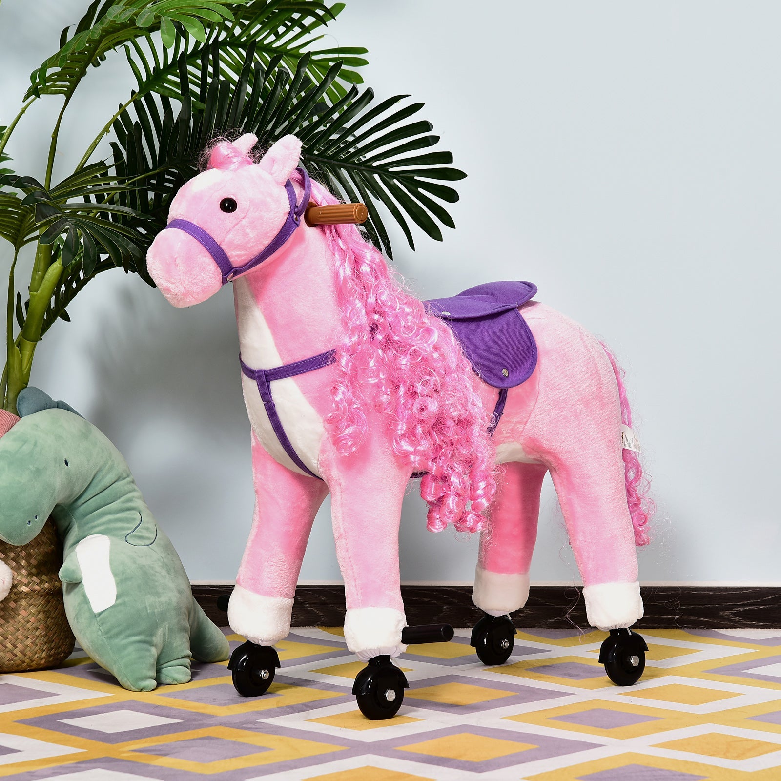 Qaba Pink Plush Pony Ride-On Toy for Kids - Rocking Horse with Neigh Sound & Wheels, 110lb Weight Limit 