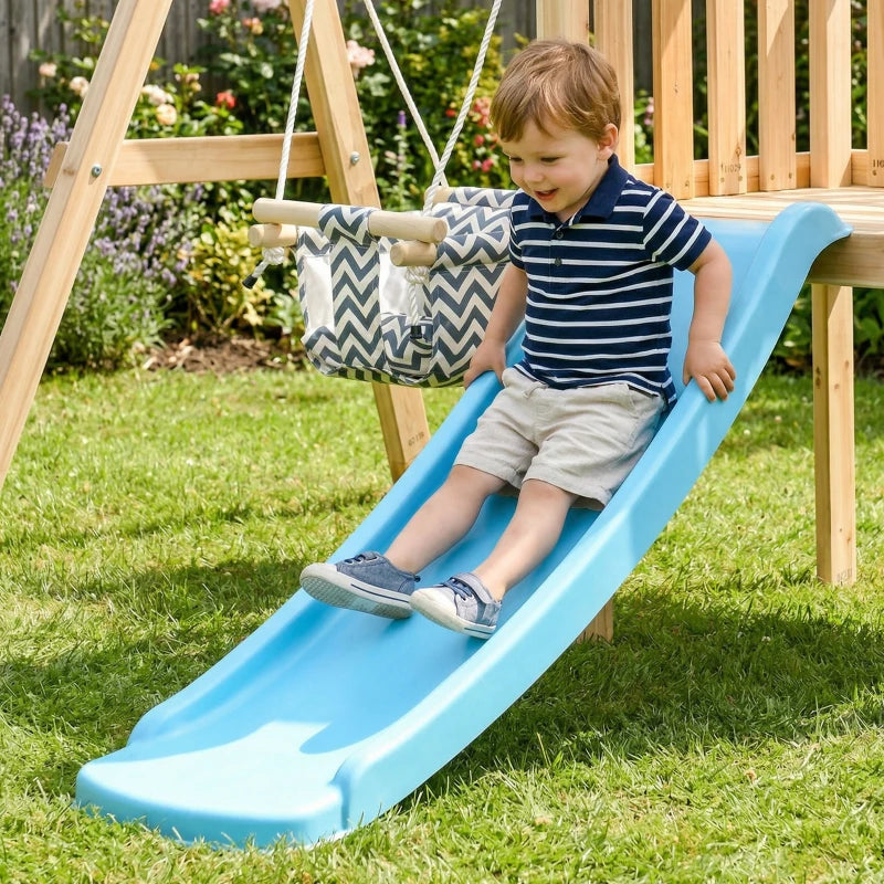 Wooden Kids Swing Set with Slide, Swing Seat, Captain's Wheel, Telescope, for Ages 18-48 Months, Natural
