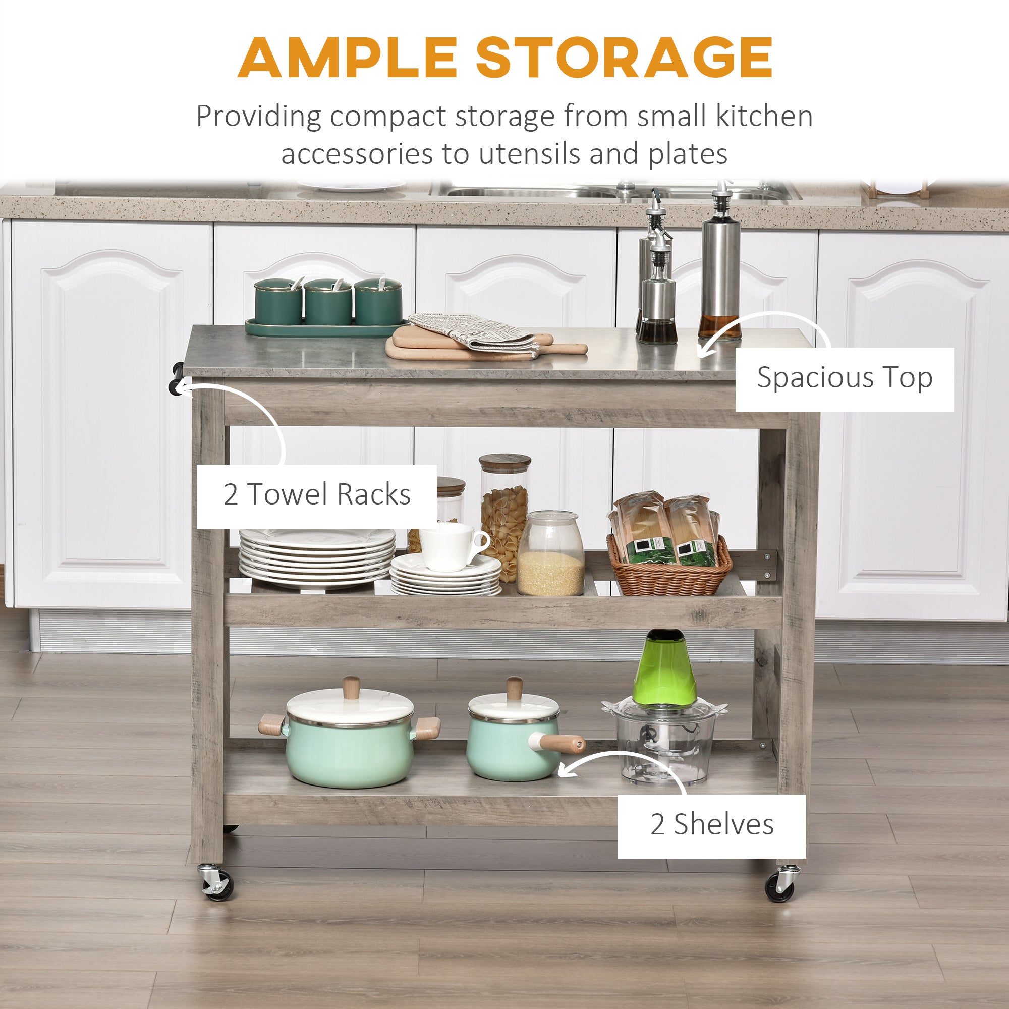 HOMCOM Culinary Companion: Rolling Kitchen Island Cart with Concrete Effect Top, Wine Rack Storage, Grey Utility Trolley 