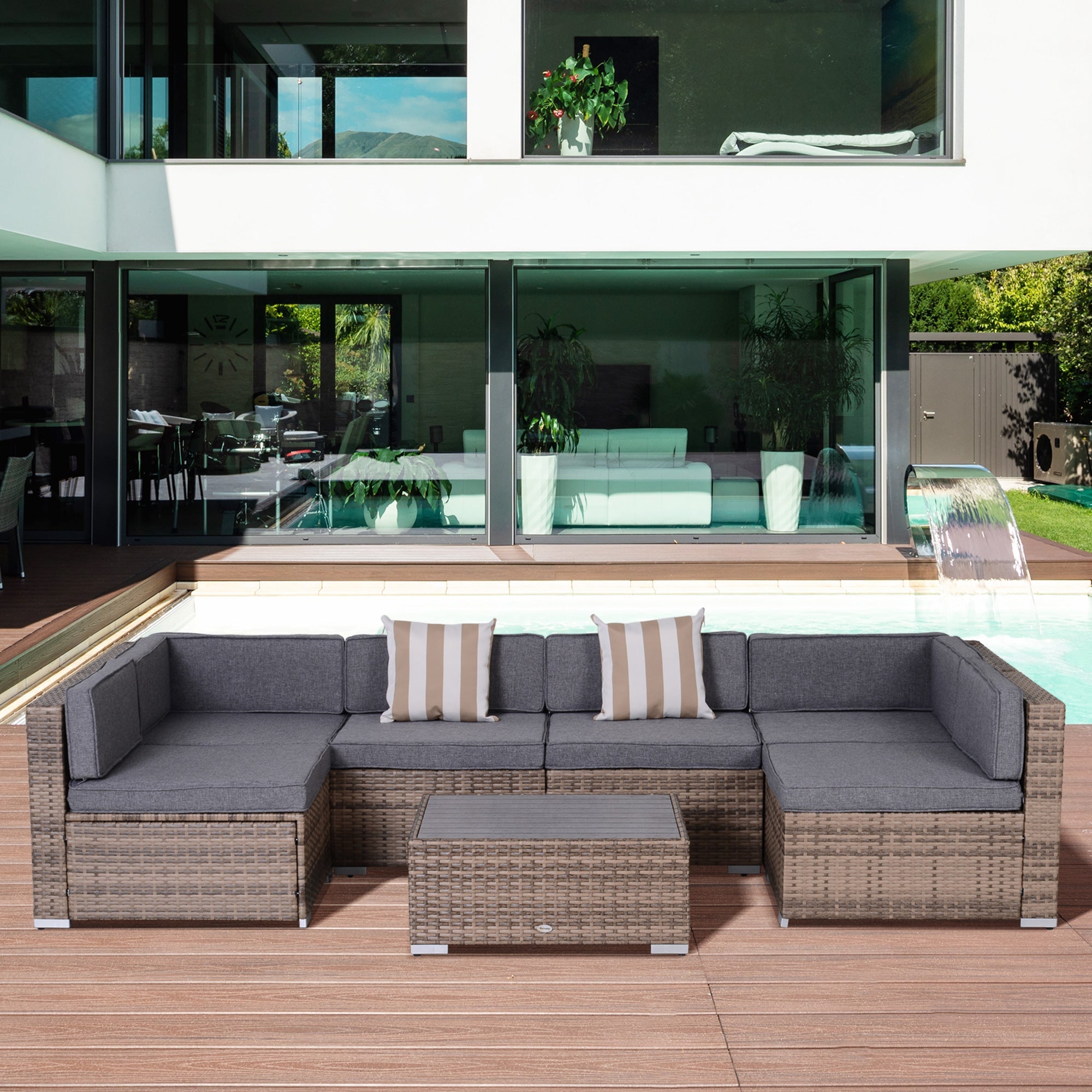 Outsunny 7-Piece Outdoor Sectional Couch, PE Rattan Sectional Sofa with UV-Resistant Cushions & Dining Table, Grey 