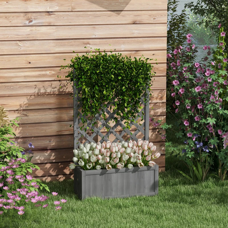 Wood Planter with Trellis for Vine Climbing, Raised Garden Bed to Grow Vegetables for Backyard, 28" x 11" x 46", Grey