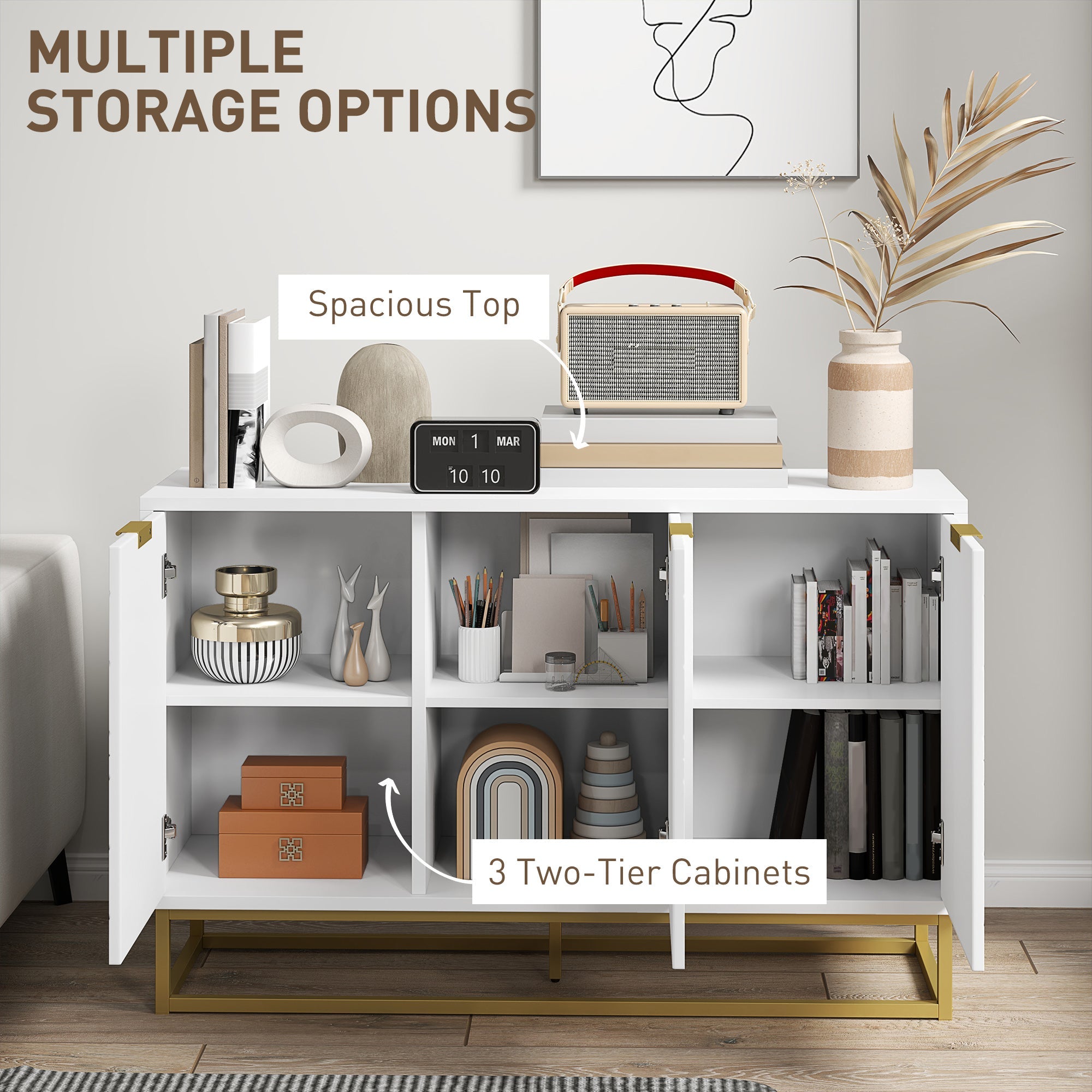 HOMCOM Sideboard Storage Cabinet with 3 Doors and Adjustable Shelves, Kitchen Buffet Cabinet for Dining Room, White 