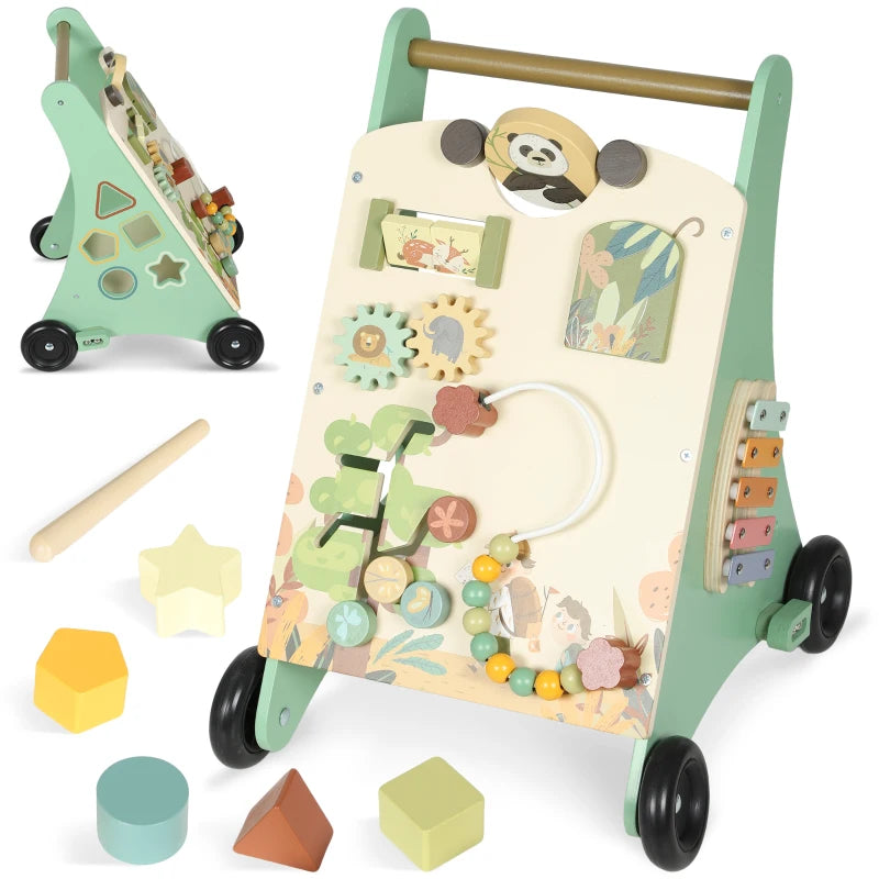 Qaba Wooden Baby Walker, Push Along Walker Toys with Speed Control, Xylophone, gears and Bead Maze, Green