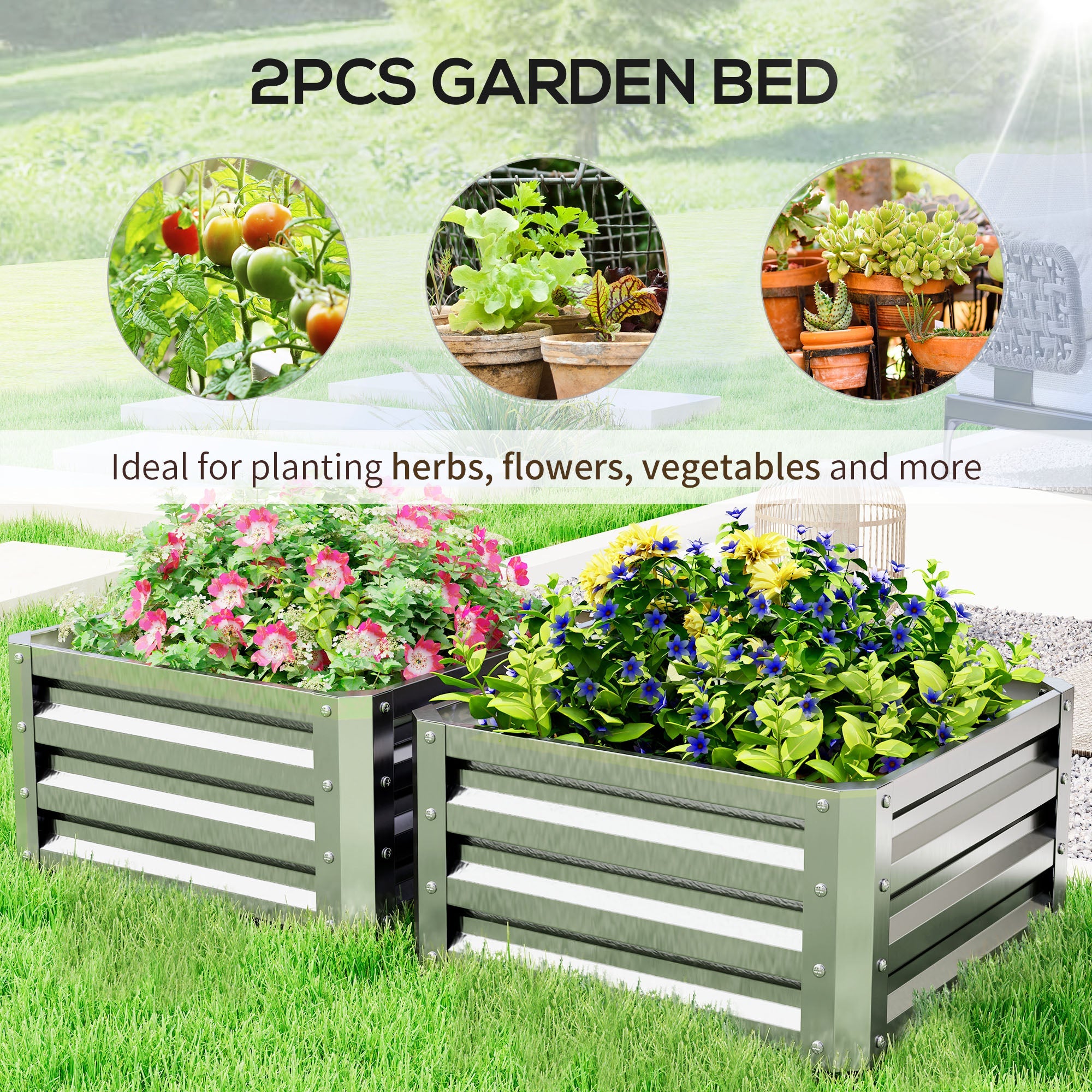 Outsunny 2' x 2' x 1' 2-Pieces Raised Garden Bed with Galvanised Steel Frame for Vegetables, Flowers, Herbs, Silver 