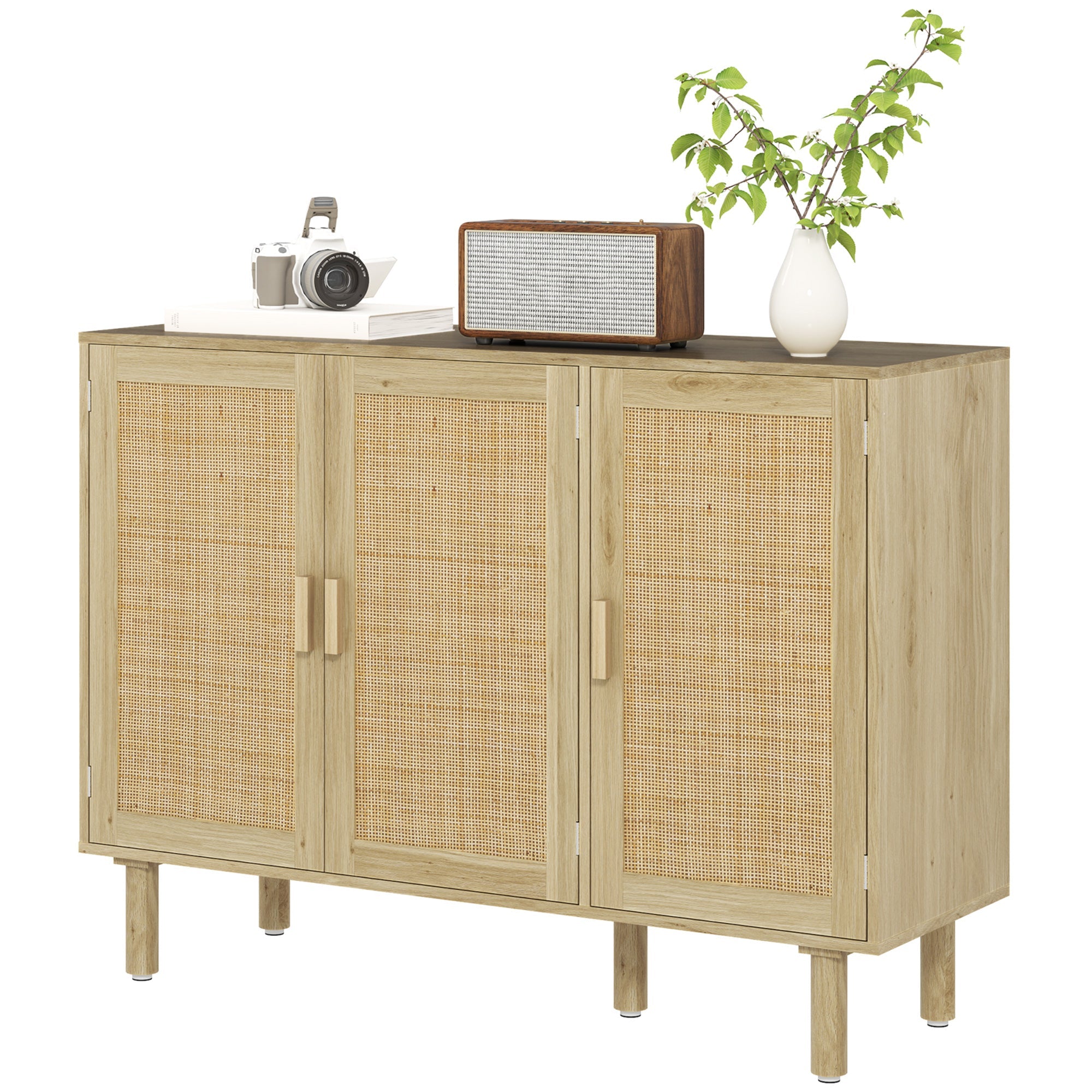 HOMCOM Bohemian Sideboard, 46.9" Buffet Cabinet with 3 Rattan Doors and Shelves for Living Room, Hallway, Oak 