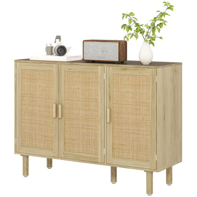 HOMCOM Bohemian Sideboard, 46.9" Buffet Cabinet with 3 Rattan Doors and Shelves for Living Room, Hallway, Oak 