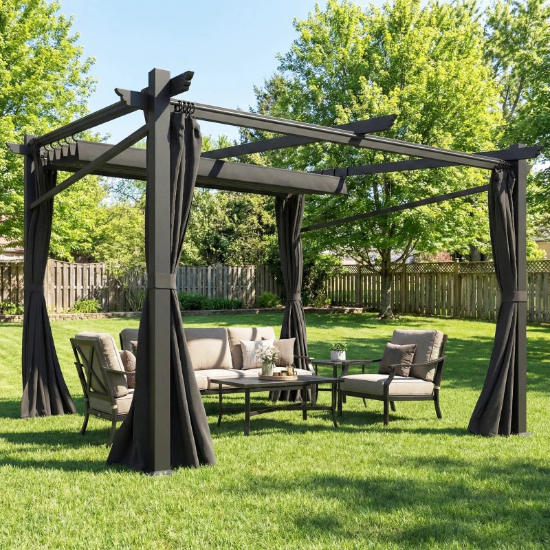 Metal Pergola with Sliding Roof Canopy, Retractable Pergola Canopy, 10' x 10', Black