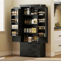 Farmhouse Kitchen Pantry Storage Cabinet, 64" Freestanding Kitchen Pantry Cabinet with Drawers, Distressed Black
