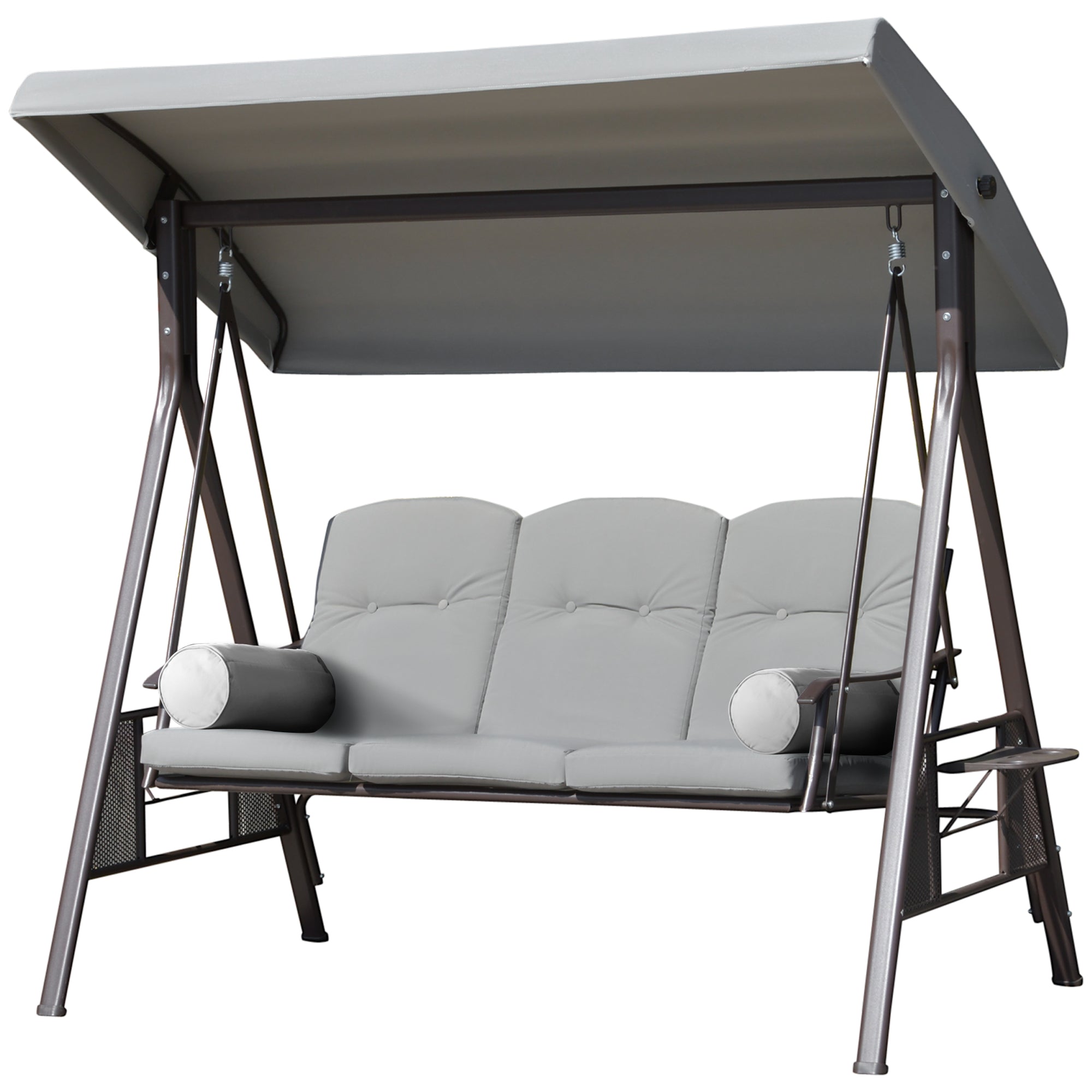 Outsunny Outdoor Patio 3-Person Steel Canopy Cushioned Seat Bench Swing with Included Side Trays & Padded Comfort, Light Grey 