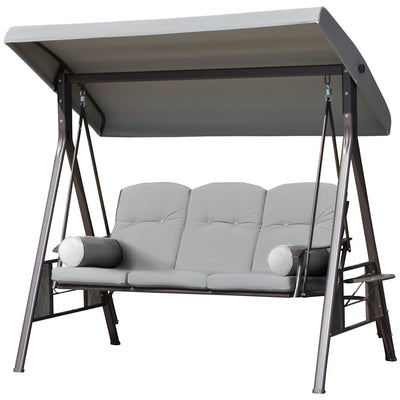 Outsunny Outdoor Patio 3-Person Steel Canopy Cushioned Seat Bench Swing with Included Side Trays & Padded Comfort, Light Grey 