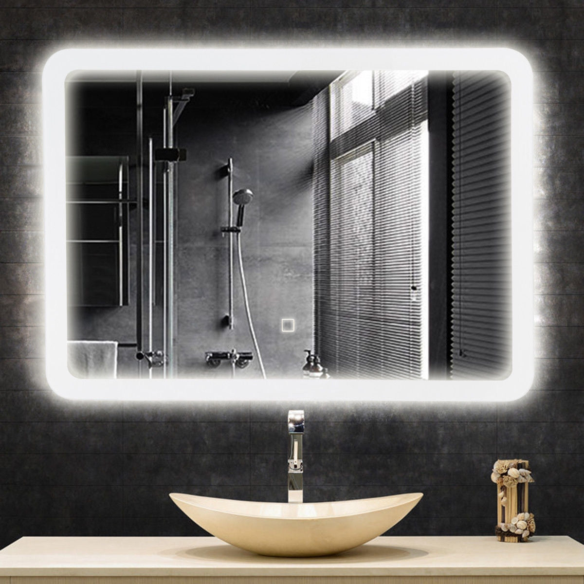 LED Wall-mounted Bathroom Rounded Arc Corner Mirror with Touch