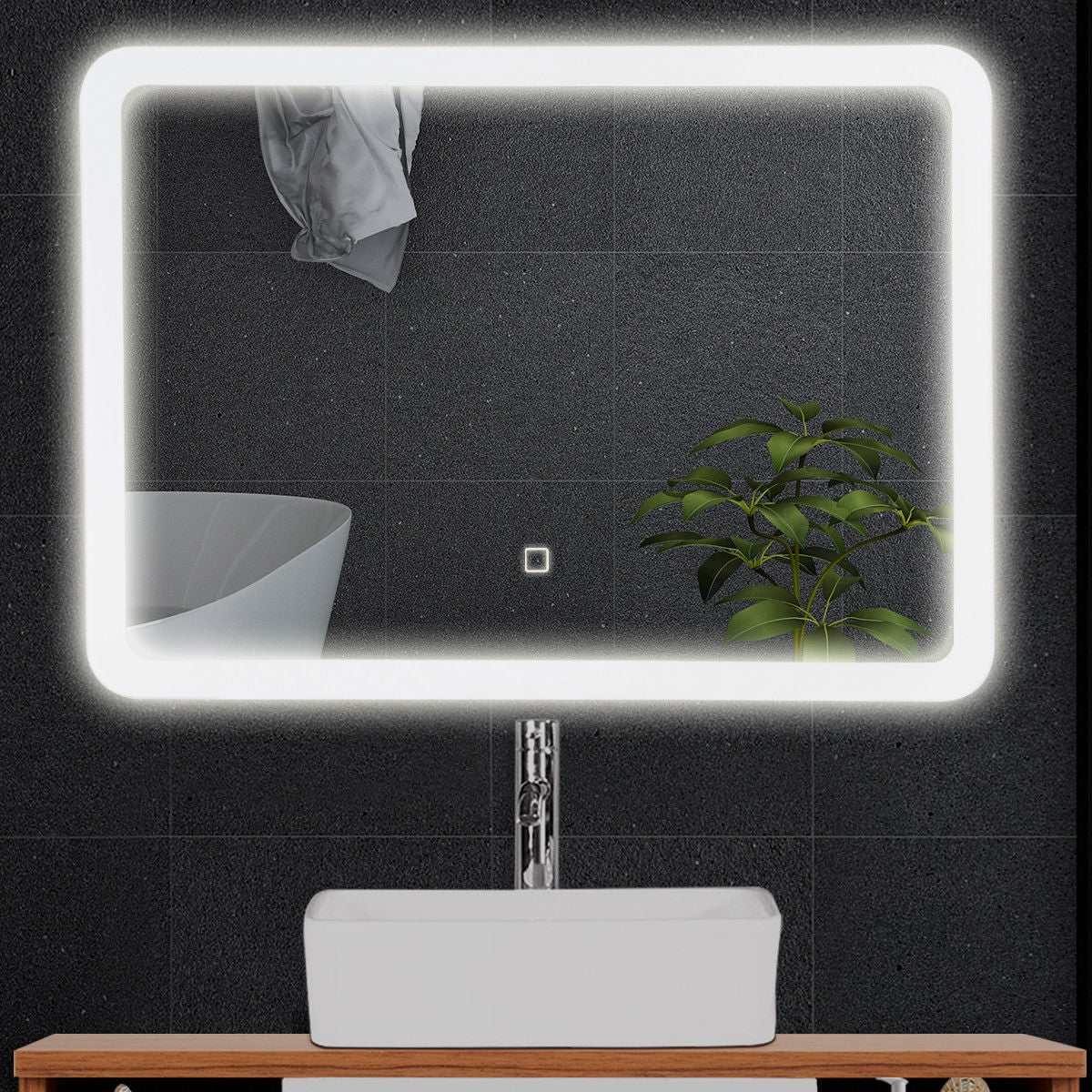 LED Wall-mounted Bathroom Rounded Arc Corner Mirror with Touch