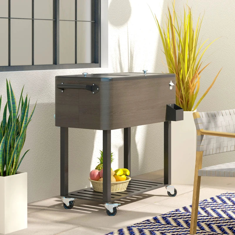 Outdoor Beverage Cooler Bar Cart, 67-Qt Patio Cooler Cart Rolling Ice Chest with Shelf, Bottle Opener and Wheels, Grey