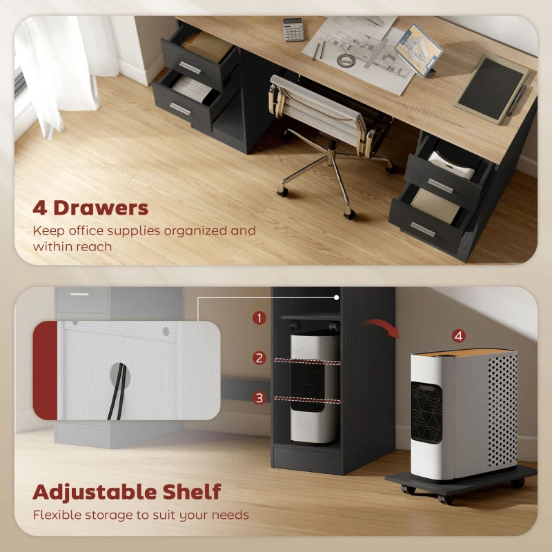 Office Desk, 55" Computer Desk with 4 Reversible Drawers, Mobile PC Stand, Adjustable Shelf, Black Wood Grain