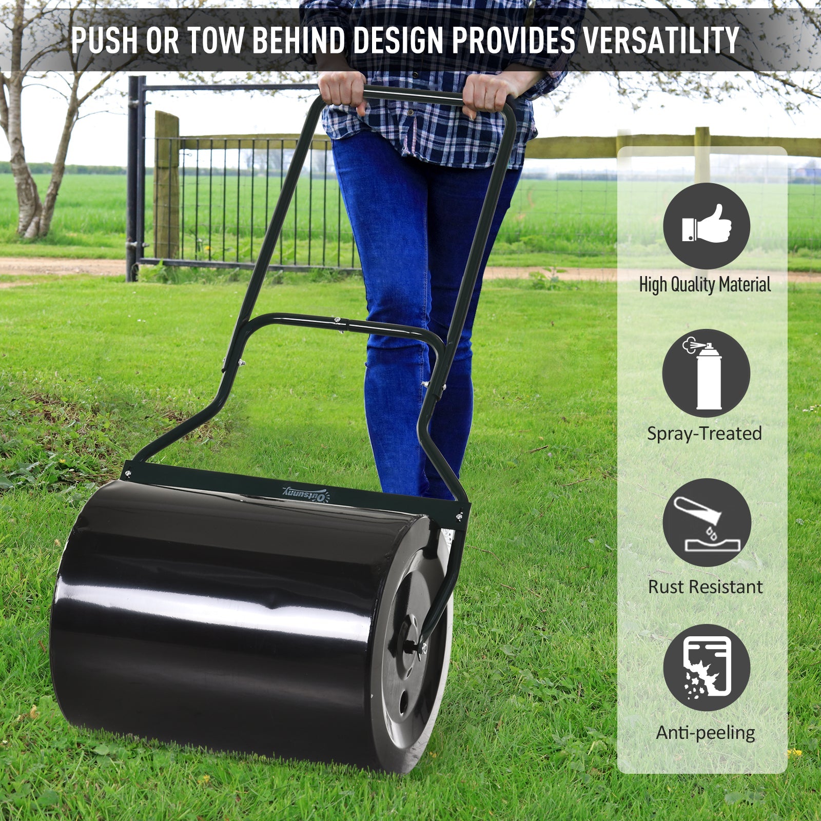Outsunny Lawn Roller Push Tow Water Sand Filled 60L Equipment Manual Push Rolling Drum 