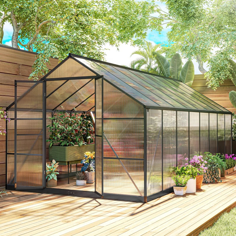 Polycarbonate Greenhouse, Walk-in Green House with Two Top Windows, Rain Gutter and Swing Door, 8' x 16' x 7', Dark Grey