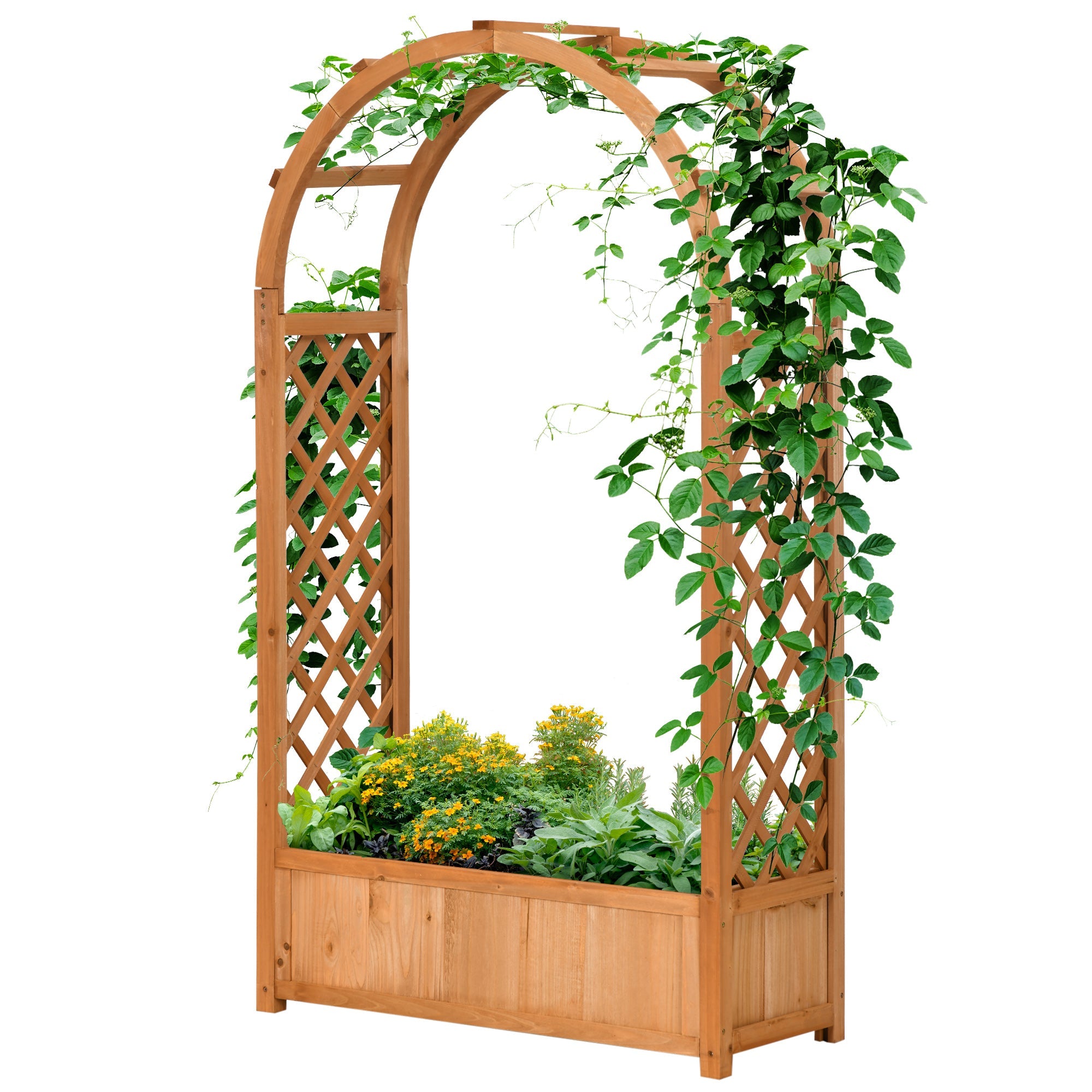 Outsunny Raised Garden Bed with Arch Trellis, Freestanding Outdoor Planter Box for Vine Climbing Plant Flower Herb, Brown 