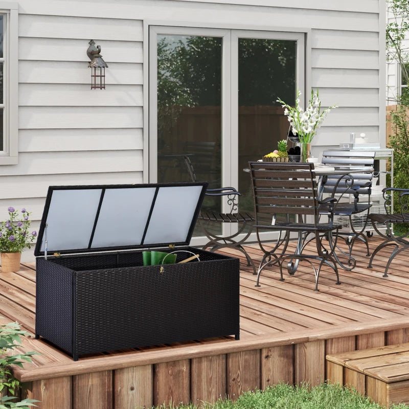 Wicker Outdoor Storage Box, 75 Gallon Deck Box with Gas Strut and Clamp Lid, Rattan Patio Storage Container for Gardening Tools, Pool Supplies, Dark Brown