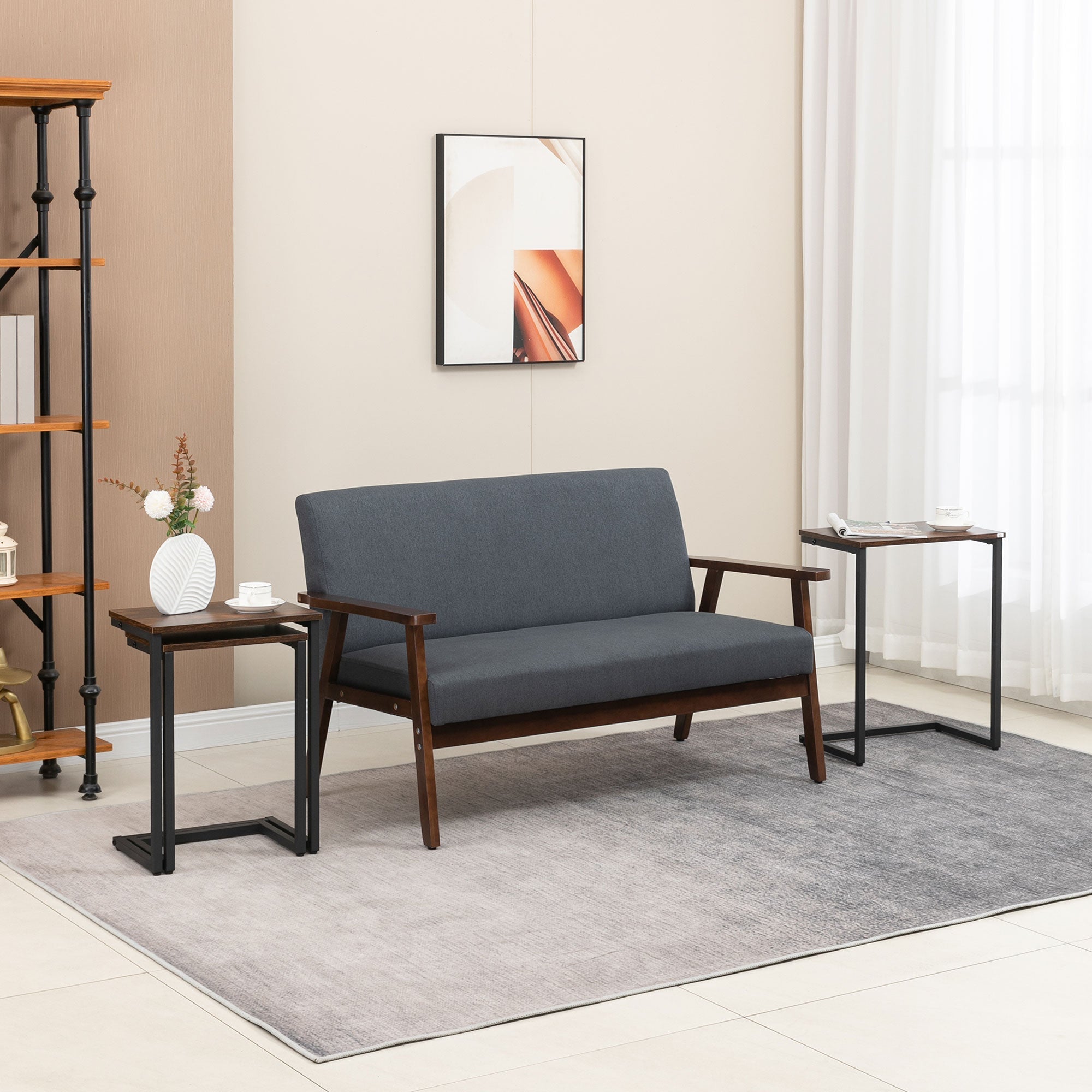 HOMCOM Rustic Nesting Tables: Set of 3 C-Shaped Snack Side Tables with Steel Frame for Sofa, Couch and Bed, Vintage Brown 