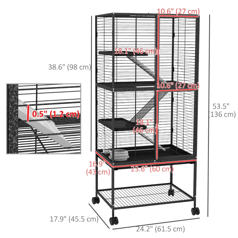 Rolling Small Animal Cage 53.5"H Chinchilla Cage for Ferrets, Squirrels w/ Removable Tray, Storage Shelf, Dark Grey