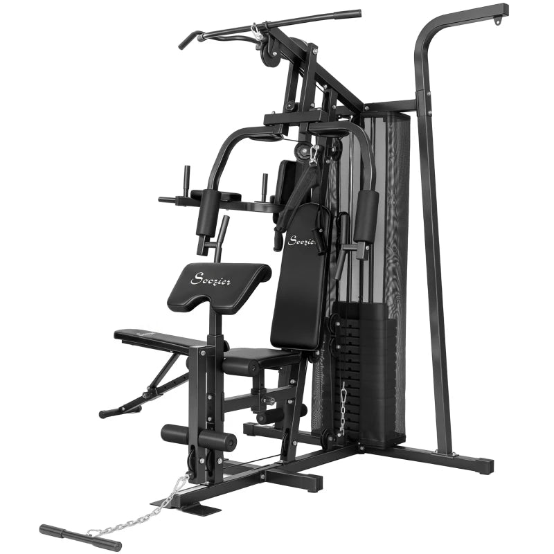 All-in-One Multi-Station Home Gym Workout Machine with Weight Stack, Pulley System & Adjustable Bench – Black