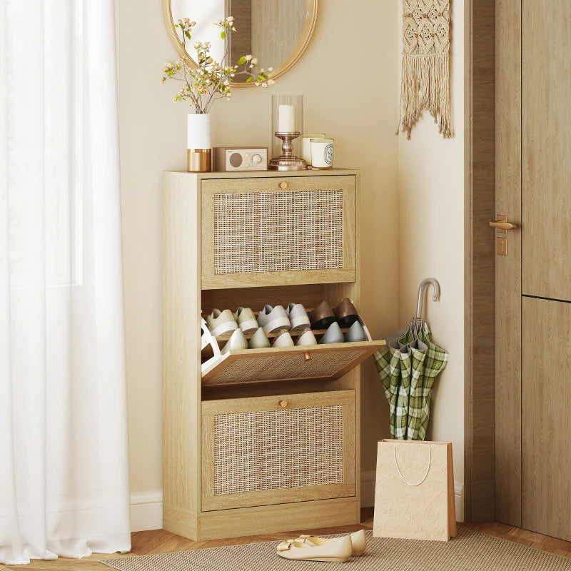 Rattan Shoe Storage Cabinet with 3 Flip Drawers and Adjustable Shelves, Entryway Shoe Cabinet for 18 Pairs, Oak