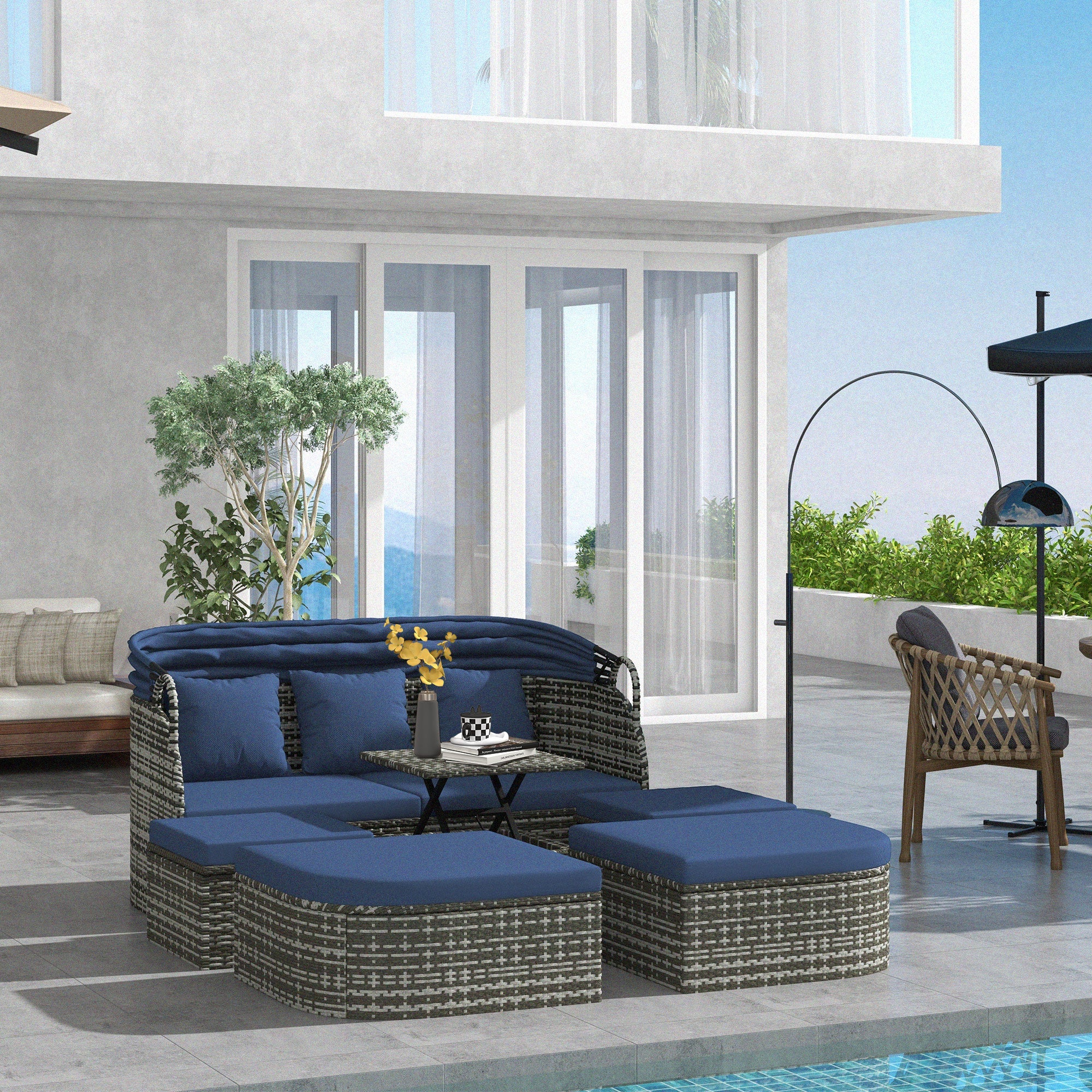 Outsunny 6-Piece Patio Set, PE Rattan Outdoor Daybed with Canopy and Lift up Coffee Table, Conversation Sofa Sets w/ Footstools 