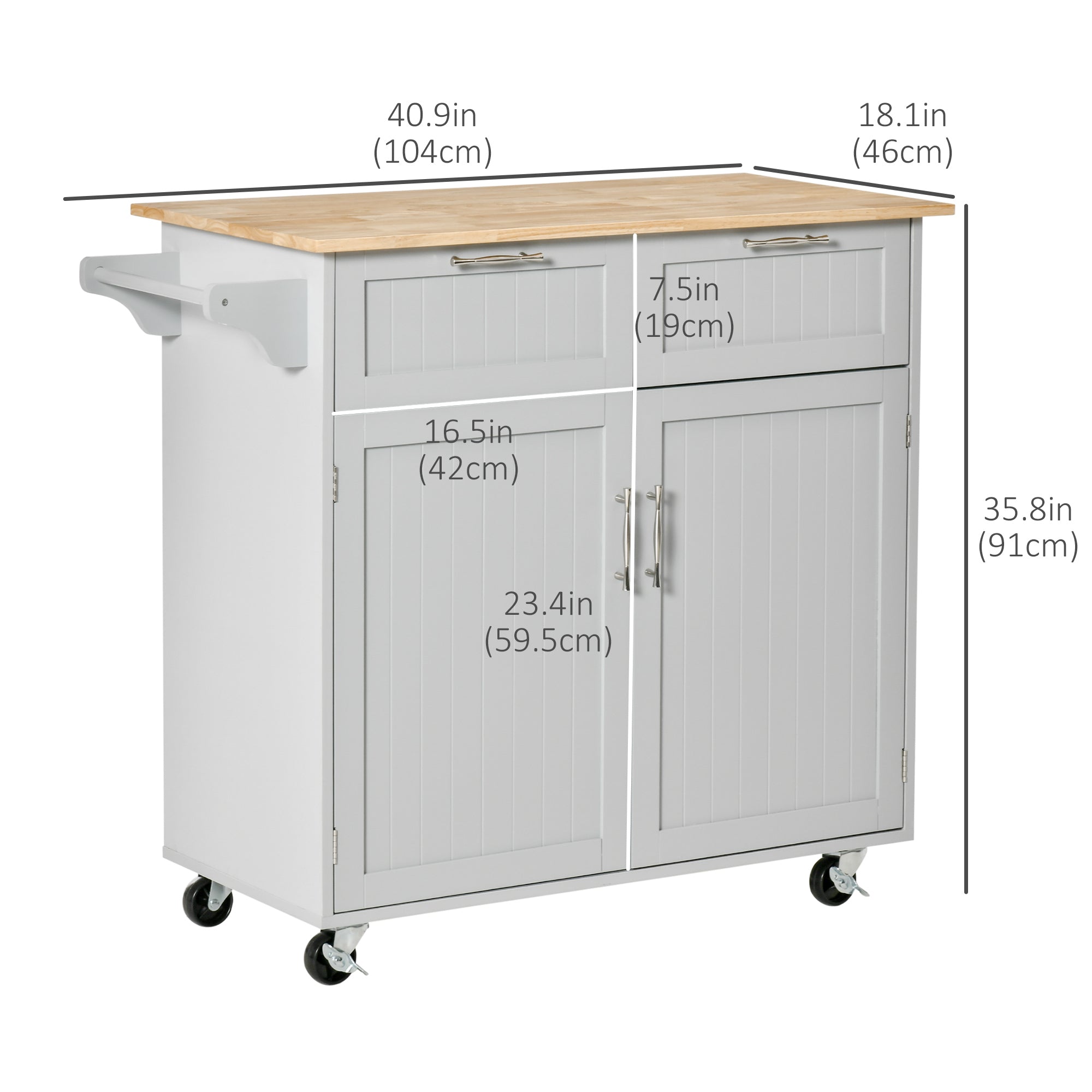HOMCOM Grey Mobile Kitchen Island: Rubber Wood Top Cart with Storage Drawers, Cabinet & Towel Rack 