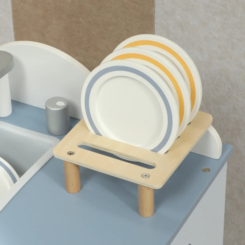 Qaba Wooden Dishwasher Playset, Play Sink Toys with Faucet, Turning Knobs and Accessories, Gift for Boys Girls Toddlers