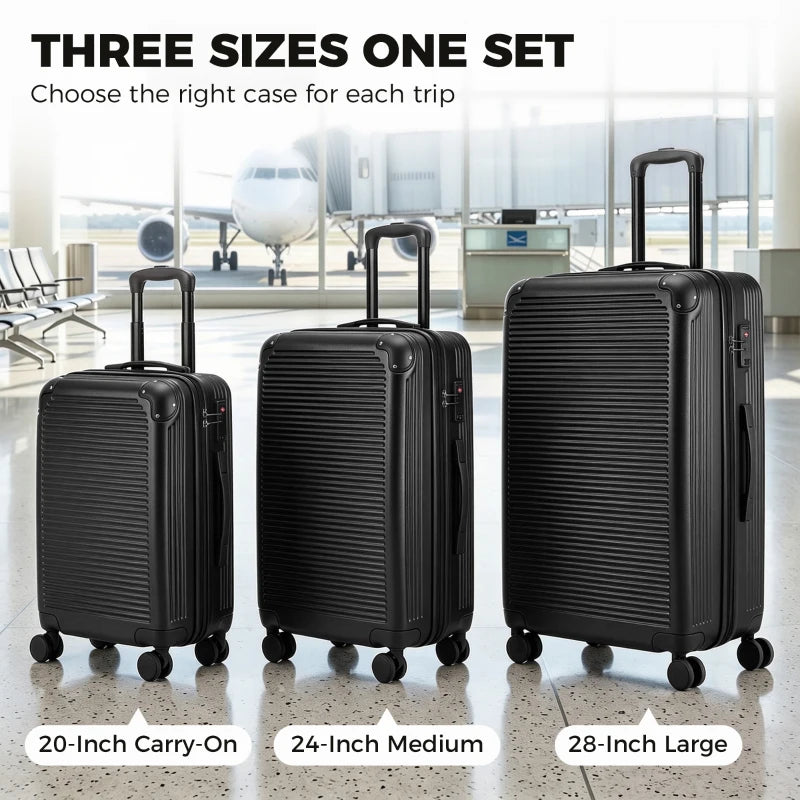 3-Piece Luggage Set with TSA Lock, Expandable Hard Shell Suitcases, 20", 24" & 28" – Black