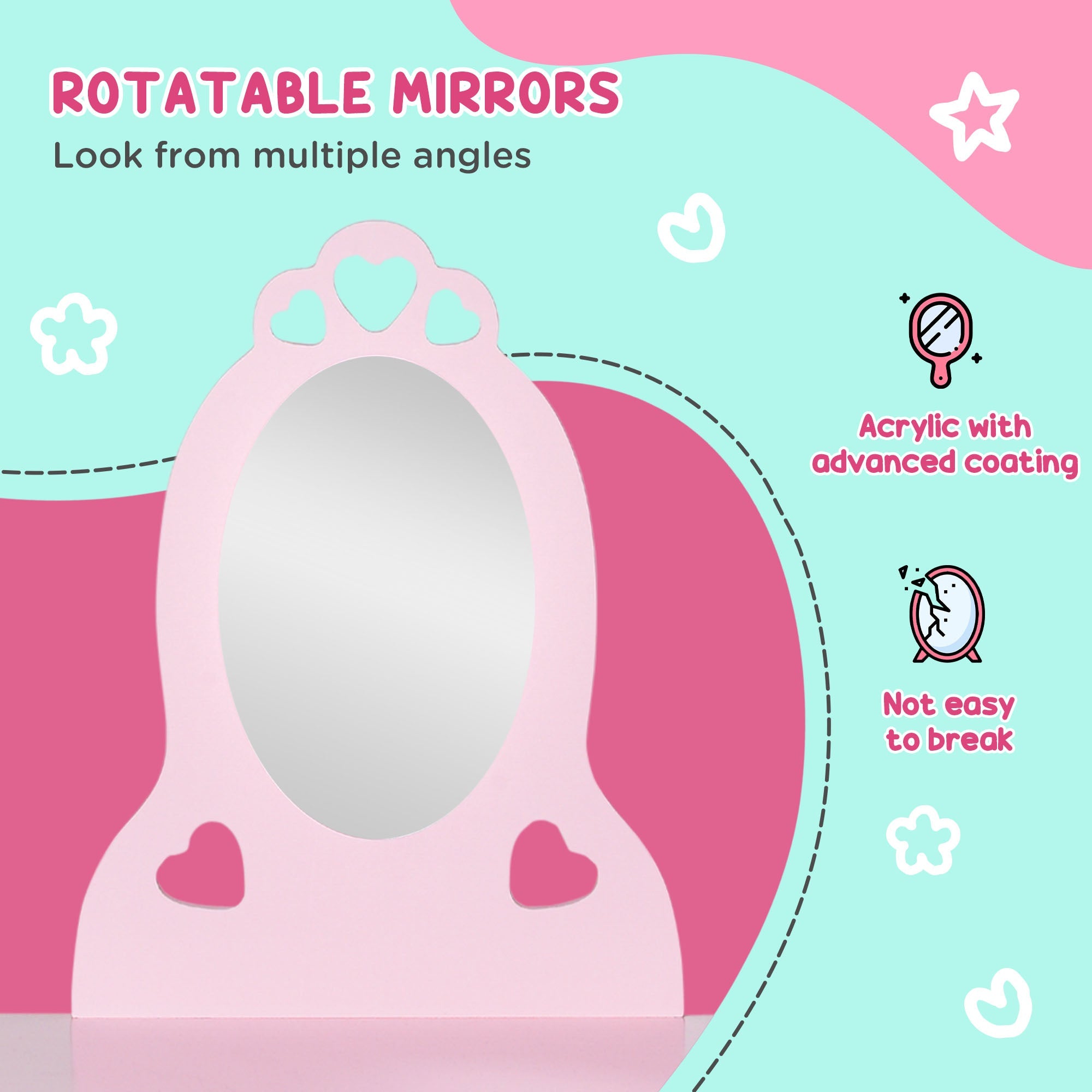 Qaba Kids Vanity Table Set with Mirror and Stool, Drawer, for 3-6 Years, Pink 