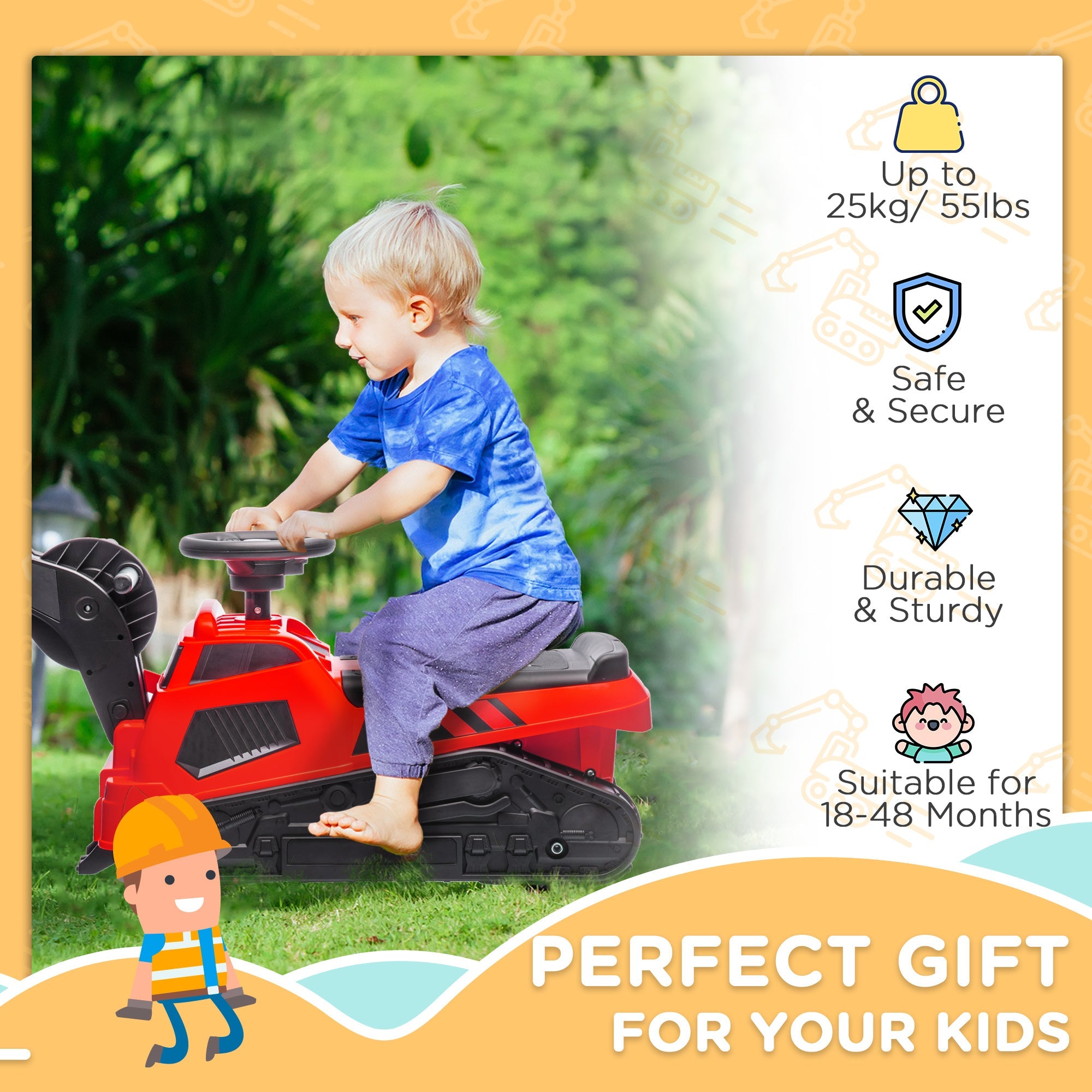 Aosom 3-in-1 Ride On Red Excavator Bulldozer Road Roller with Music Kids Construction Toy Vehicle 