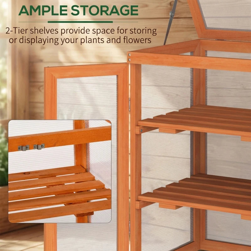 Wooden 2 Tier Cold Frame Greenhouse Polycarbonate Plant Grow House Portable Garden, 22.8" x 17.3" x 30.7", Orange